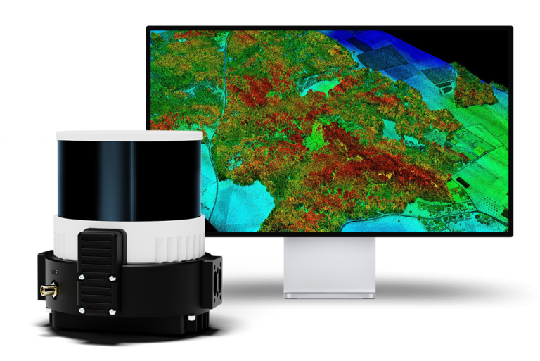 Sensor Wingtra LIDAR con monitor que muestra las salidas LIDAR