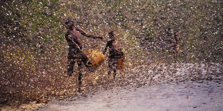 Kenya locust invasion--two boys in a swarm