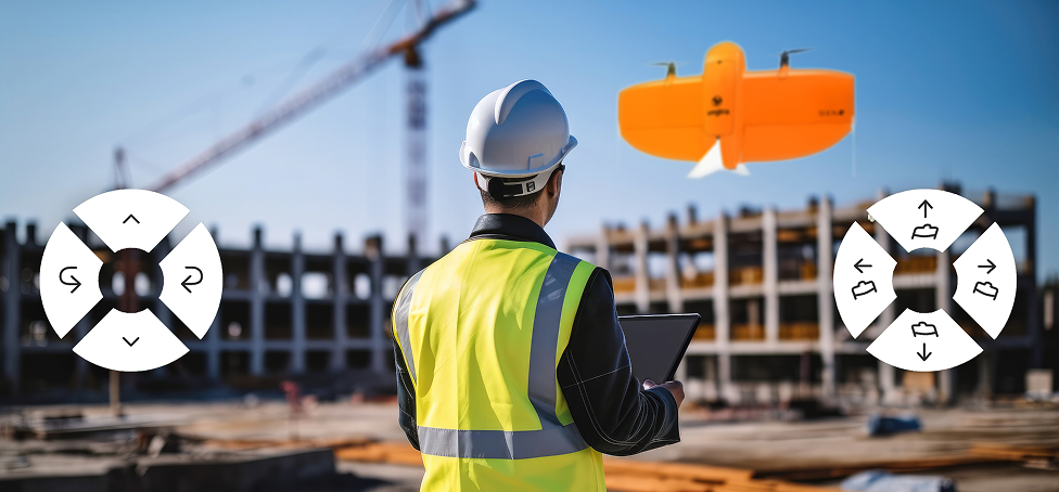 Surveyor on the field doing a survey with automated drone with manual take-over in case of danger