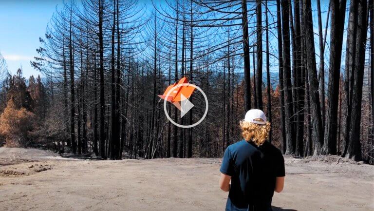 Pilot flying WingtraOne in the redwood forest plus video play button