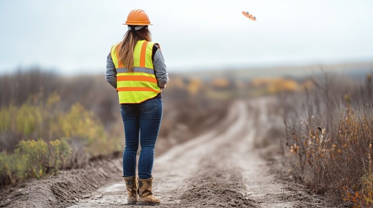 Female surveyor looking at drone in the distance