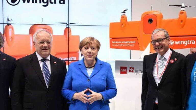 Angela Merkel at Cebit with WingtraOne drone